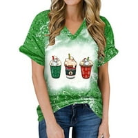 Rollbacks Ženske ljetne košulje Božić Latte Piće Grafički ispisani bluza Tees Ležerne prilike V-izrez kratkih rukava Majice Pulover Green M