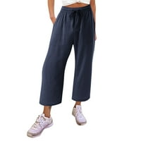 Ženske pamučne ležerne labave hlače udobne radne hlače s džepovima Elastična haljina za papir za elastične visoke struke Žene Ležerne hlače mornarice xl