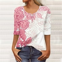 Apepal Womens vrhovi žene Henley majica rukav tipke za ispis majica Dressy Bluze za žene ružičaste 2xl