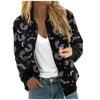 Yubatuo Jakne za žene Dugih rukava Lagana zip useljena Fhalloween Print Outerwear Casual Quilted Jackets