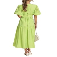 Ženska ljetna casual midi haljina, puna boja kratkih rukava V vrat plutaju haljine