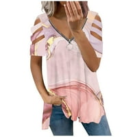 Bazyrey Womens V-izrez na vrhu ženske kratkih rukava čvrstog poluvremena Zip Casual Tunic majice ružičasta