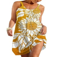 Kapreze Ženska mini haljina 3D Print Summer Beach Sundress Crew Neck Haresses Casual bez rukava žuta