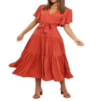 Ženska ljetna haljina + pojas za struk, obični kratki rukav Ruched V-izrez labav haljina Ležerne duge