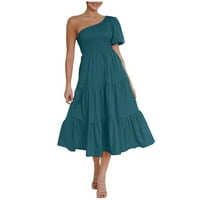 Ljetne haljine za žene s kratkim rukavima midi haljina seksi čvrsta a-line plaža jedna ramena haljina