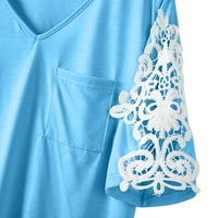 Bazyrey ženska bluza Ženska čipka kratkih rukava V-izrez džepni majica Labavi Ležerni ljetni tee plavi