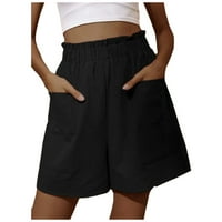 Žene Modne čvrste pamučne posteljine elastične pokete Hratke Casual široke pantalone za noge Hot6SL4876218