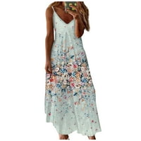 Ženske haljine bez rukava Floral moda Maxi Sun Haljina V-izrez Ljetna haljina bež 2xl