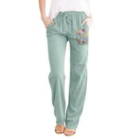 Ženske pamučne posteljine hlače tiskati elastične džepove visokih struka casual labave pantalone