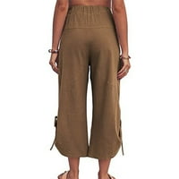 Žene visoke struke Ležerne hlače ženske pantalone Ljeto Boja pamučna posteljina labavi džep za crtanje