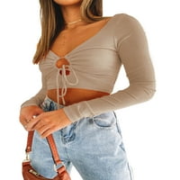 Ženska seksi rezana puna boja dugih rukava okrugla vrat majica Slim-Fit Vintage Cutrout usjev sa prstenovima