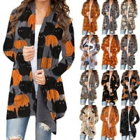 MLQIDK Halloween Cardigan za žene Slatka pucnjava Ghost Black Cat Print Plus Veličina Dugi rukavi Lagani