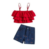 Tosmy Modeble Ljeto Dječja odjeća Djevojke Crveni suspender torta Top + lubenica vezena traper kratke