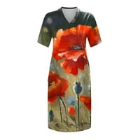 Haljine za žene kratki rukav a-line Dužina gležnja Oslobotla Floral V-izrez ljetna haljina tamnozelena l