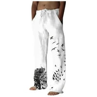 Puntoco Womens Plus Veličina veličine, muške ptice print pamučne posteljine hlače yoga hlače bijela
