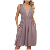 Ženske haljine bez rukava A-line duljine koljena Ležerne ljetne V-izrezom Čvrsta haljina ljubičasta