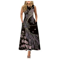 Podplag haljina za žene, ženska casual tiskanje velike rubne haljine s okruglim vratom bez rukava bez rukava, crna l