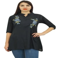 Phagun ženska rukava crna košulja pamučna modalna ruža vezena tunika top-14