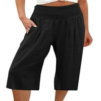 Prednji swends Outs Loose Capri hlače palazzo široke hlače za noge Ljeto pamučno posteljina kaprisu Crop pantalone s džepovima crna 3xl