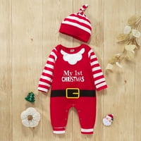 Prvi božićni outfit Baby Boy devojka moj prvi božićni romper dugih rukava Santa prugasti bodysuit šešir