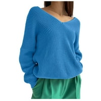 Ženski pleteni džemper pulover Jumper vrhovi slatki džemper s dugim rukavima pletene V-izrez džemper plavi xxl
