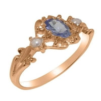Britanci napravio je 10k ružični zlatni prirodni tanzanite i kultivirani prsten za angažiranje žena - Veličine - Veličina 11
