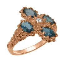 Britanci napravio 14k Rose Gold Prirodni Diamond & London Blue Topaz Wines Prsten za klaster - Opcije veličine - Veličina 11.5