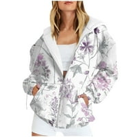 Qcmgmg džemperi za žene plus veličina labava cvjetna vježba dukserica zip up s kapuljačom zimska jakna