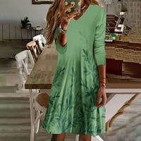 Yuwull Haljines Sendress Modne žene Jesenski tisak kauzalni haljina s dugim rukavima V-izrez zelene