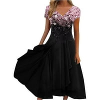 Crne haljine za ženske kratkih rukava tisak cvjetnog uzorka Holiday haljina plus veličine V-izrez Fit and Flare Trendy za odmor Ležerne prilike za sunčanje Maxi Fashion Daily A-line prsluk, xxl