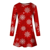 Aoochasliy ponude božićne haljine Žene Trendy Xmas Tree Ispis Dugi rukav okrugli vrat Duljine koljena