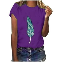 Dianli Womens Tops Dressing Ležerni kratki rukav Okrugli perje Ispiši ljetne majice Lagana svjetla Comfy Slatke majice Bluza Purple S