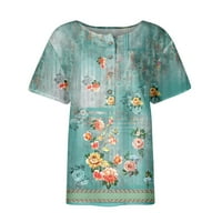 Tking Fashion Ženski kratki rukav cvjetni vrhovi tiska V Vrat Loose dugme Ljetne majice sa džepom plave
