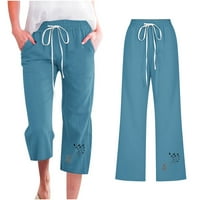 Wyongtao ženske dukseve Capri hlače pamučne posteljine obrezane jogger trčanje hlače salon labav motila za crtanje struka sa bočnim džepovima, plavi xl