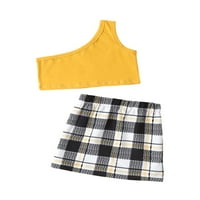 GENUISKIDS TODDLER Baby Girls Ljetna odjeća Outfits Dugi rukavi ruffles Print Tops A-Line Plaid suknje suknje