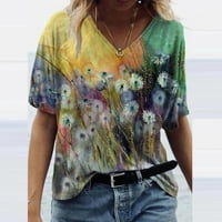 Ženske vrhove Ženska bluza s kratkim rukavima Modni grafički otisci T-majice V-izrez Ljetna tunika Tee Yellow 4xL