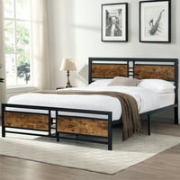 Crni krevet na punom veličini sa drvenim industrijskim uzglavljem i nožnim pločama, željezo platformnu