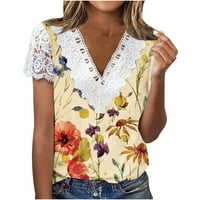 LastESso Fashion Summer majica za žene čipka V reznice kratkih rukava majica casual cvjetna ispis elegantna labava bluza