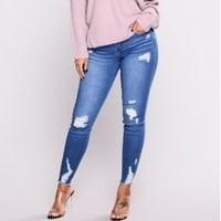Pantalone za žene dame sa voljnim strukom s rupama u elastičnosti i malim nogama Jeans plavi l