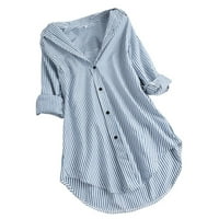 Tking Fashion Womens Ljeto Plus size Dugi rukav Lapel Stripe Print The Print Casual Loot Botton majice