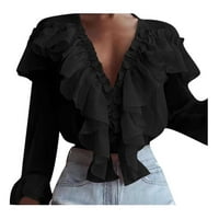 Ležerni vrhovi za žene Moda Popularni dugi rukav V izrez Šifon Slim pulover Looja majica Black XL