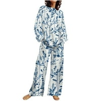 WAVSUF Womens Sets Outfit Lounge Pulover tiskani vrhovi i hlače Dugih rukava Plava pantalona Postavite