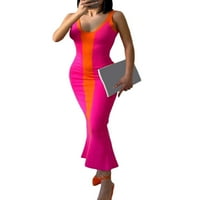 Seyurigaoka Ženska pletena kašika duga haljina, bez rukava V izrez Contrast Color Split midi haljina