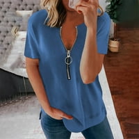 Žene Bowake Modne čiste boje prugasti patentni zatvarač kratkih rukava majice povremene bluze, veličina je premala, kupite jednu ili dvije veličine veće od normalne