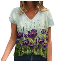 Ženske košulje žene modne cvjetne tiskane majice kratkih rukava V-izrez ljubičasti LULPLE l