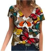 Modni ženski ljetni labavi ispis V-izrez leptir uzorak kratkih rukava majica bluza l