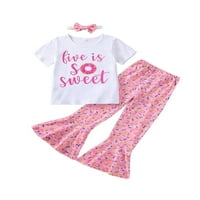Aturuste Summer Toddler Baby Girl Rođendan Outfit Majica + Flared Hlače + traka za glavu Duks Donuts