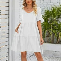 Ženske haljine klirence kratki rukav A-line midi haljina, modna ljetna haljina s čvrstom V-izrezom bijela