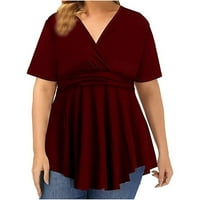 Ženski vrhovi žene plus veličine V-izrez pulover Komforni kratkih rukava majica vrhovi vino xl