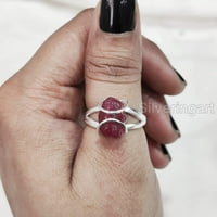 Prirodni rubinski prsten, grubi rubin gusjenični prsten, srpanj, žičani bend, sterling srebrna, ženski